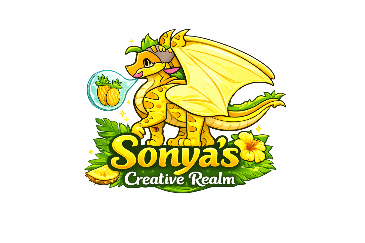 Pineapple the yellow mascot blowing a bubble with pineapples, surrounded by tropical leaves and flowers, as the logo for Sonya’s Creative Realm