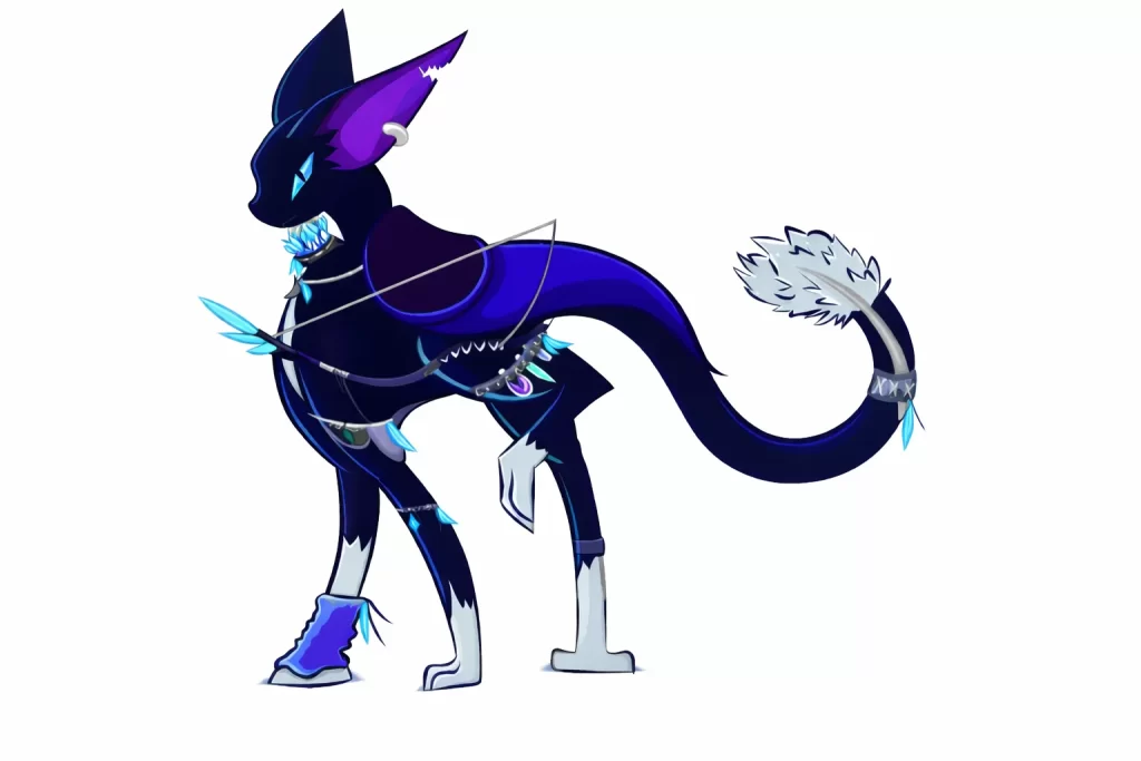 Illustration of Moonbow, a sleek dark-blue night dragon with purple ears, icy crystal accessories, and a starlight bow, standing on a white background.