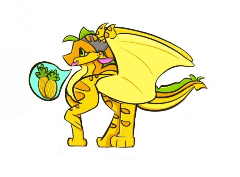 A bright yellow dragon named Pineapple stands proudly with leafy green accents and a speech bubble showing a pineapple, illustrated in a cheerful cartoon style.