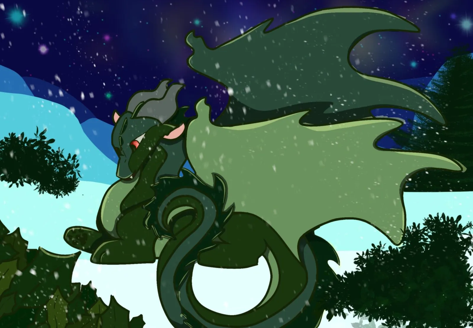 A green dragon named Winter sits peacefully in falling snow against a starry night sky, surrounded by snow-covered hills and dark evergreens.