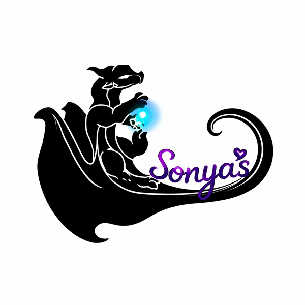 Stylized black dragon logo holding a glowing blue orb, with flowing tail and minimalist fantasy design