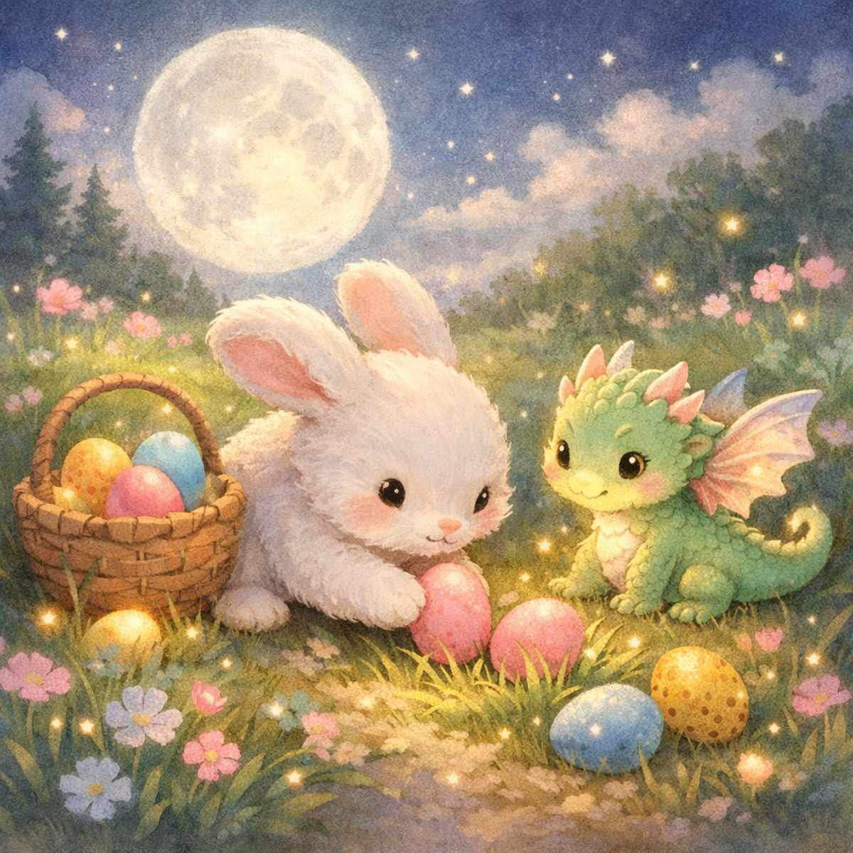Cute bunny placing colorful Easter eggs in a glowing spring meadow with a small friendly dragon under a full moon